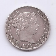 ESPAÑA ISABEL II DEL AÑO 1865 40 CENTIMOS DE ESCUDO